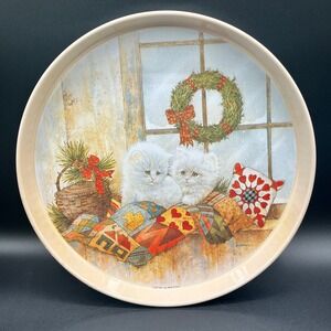 Vtg 1991 Giordano Christmas Kittens Metal Serving Tray Round‎ Tin Giftco 12"